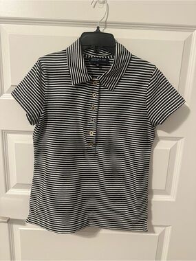 Jones New York Black and White Striped Button-Front Polo Shirt